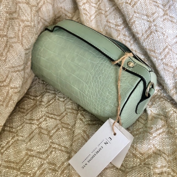 Vegan Faux Snakeskin Cylinder Barrel Bag - Light Sage/Mint (Expressions NYC) - Picture 5 of 7